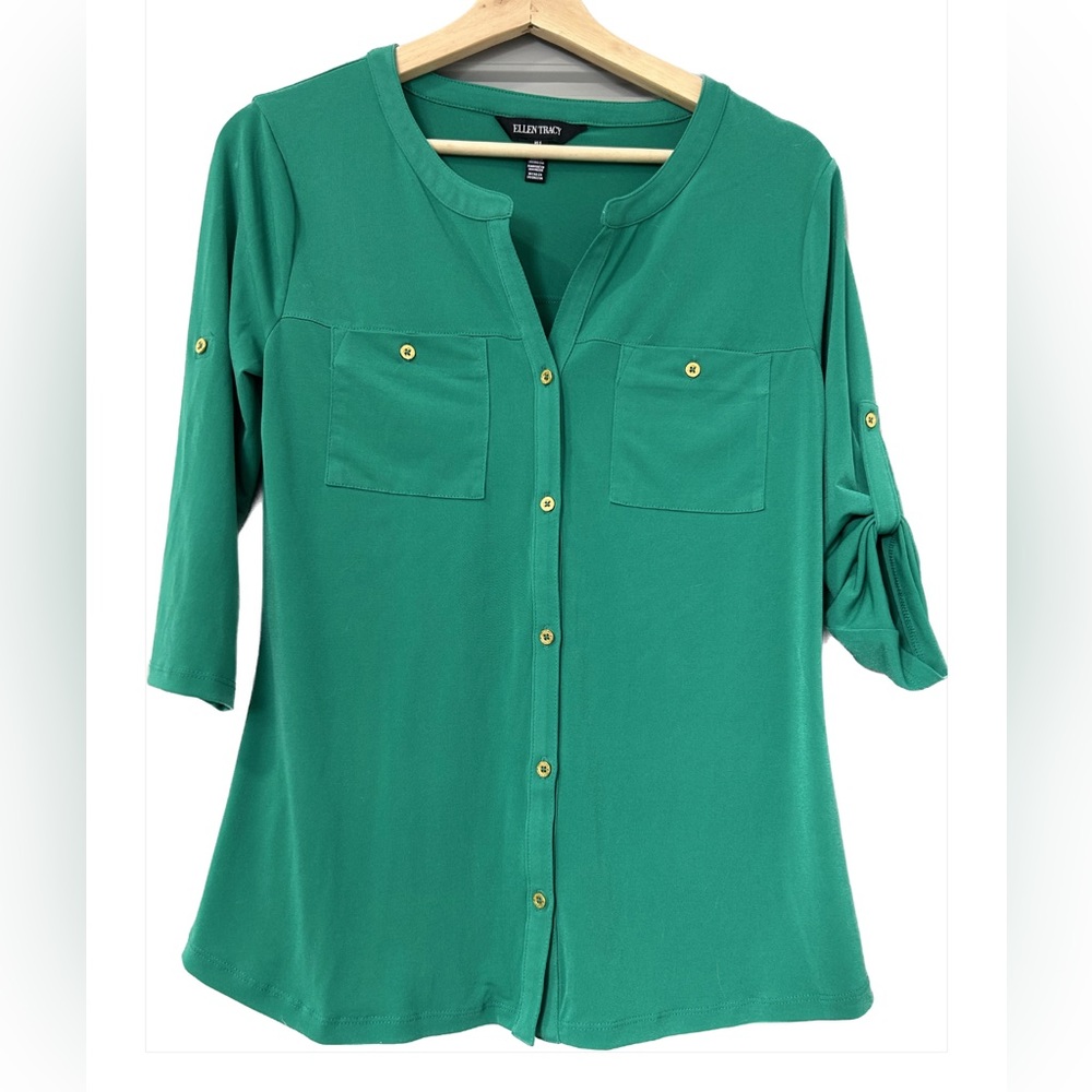Ellen Tracy Emerald Green Blouse 3/4 length sleeve size small